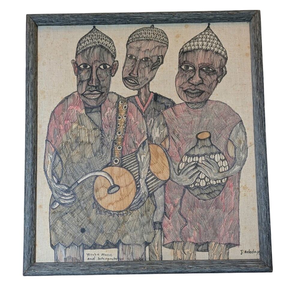 "Yoruba Music And Interpretation" Signed Folk Art Painting on Fabric Canvas